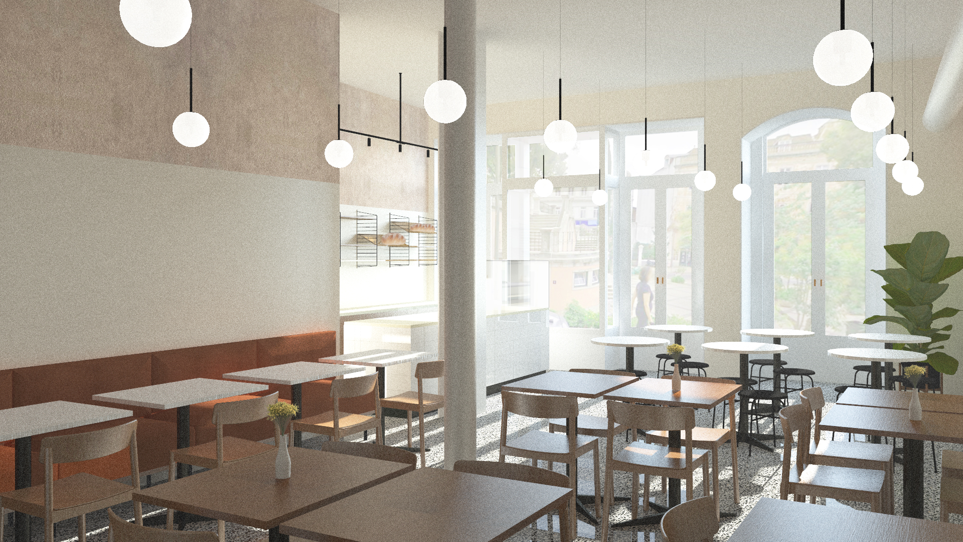 Bright café interior with terrazzo flooring and wooden furniture