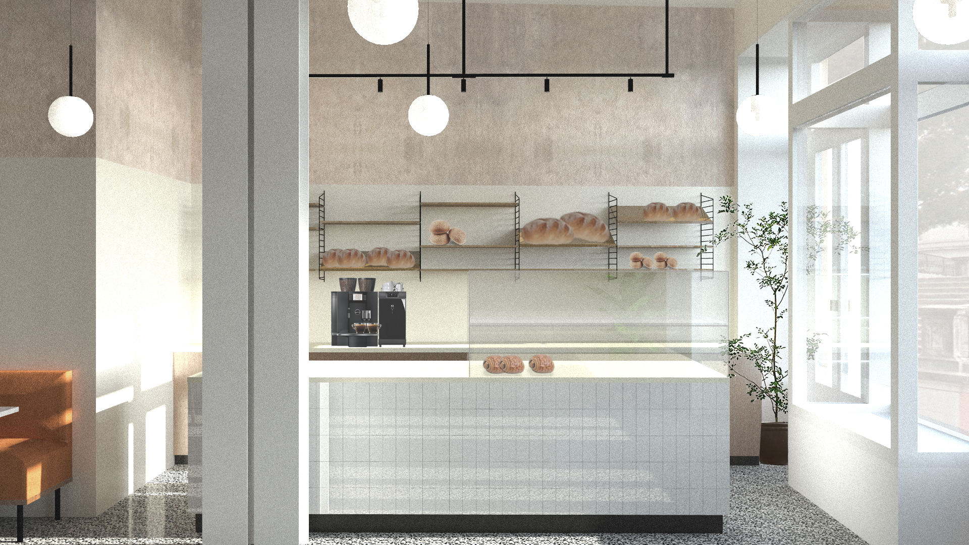 Service counter with white vertical tiles and floating shelves