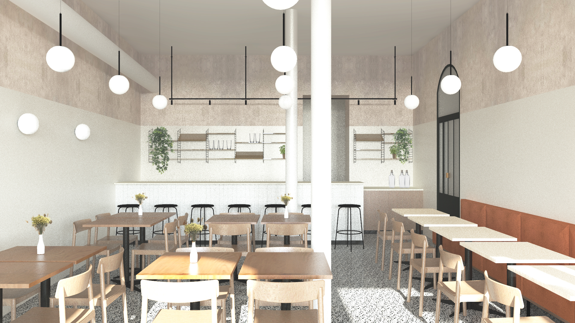 Dining area with mixed seating and modular wall shelving