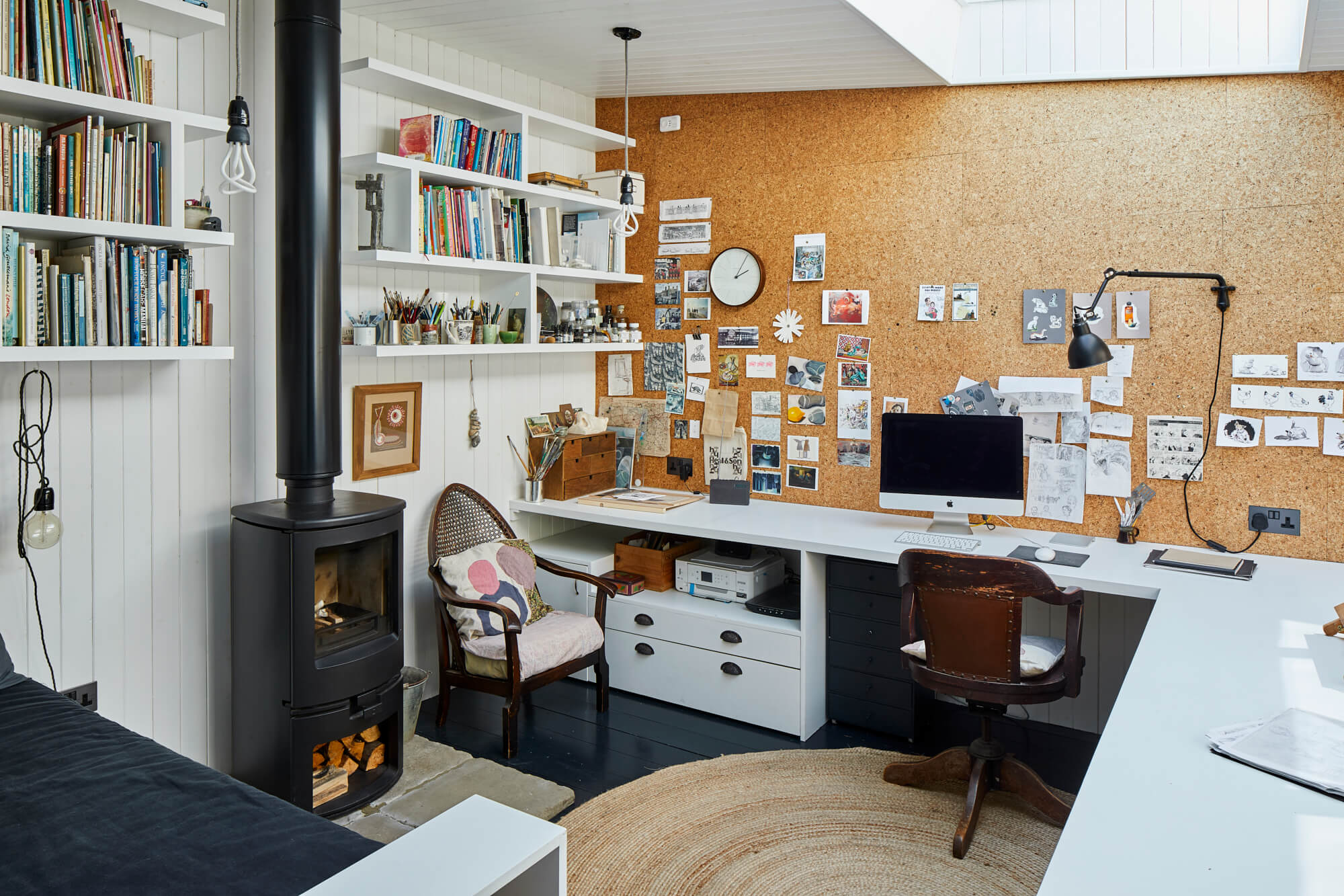 Home office with cork wall display